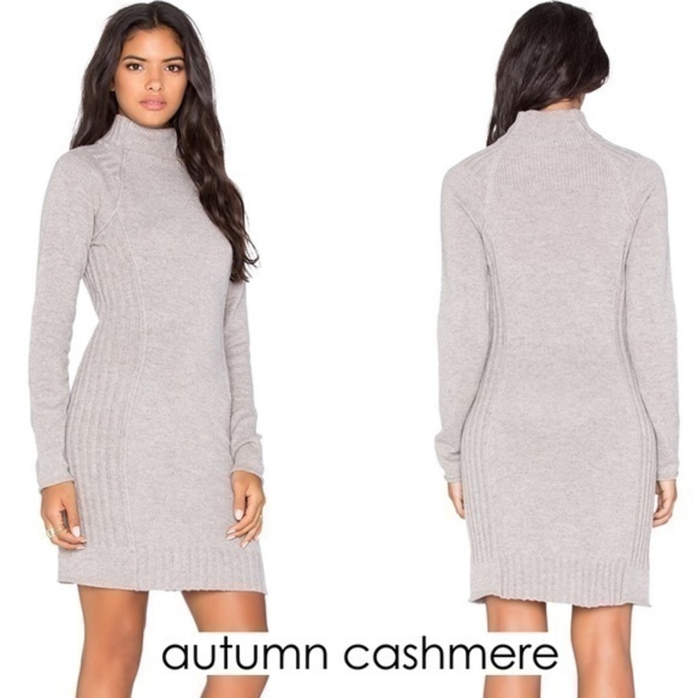 Autumn Cashmere Ribbed Funnel Neck Gray Long Sleeve Mini Dress XS